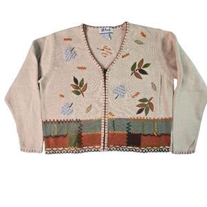 All Points Womens Knit Cardigan L Zip‎ Front Embroidered Textured Grannycore
